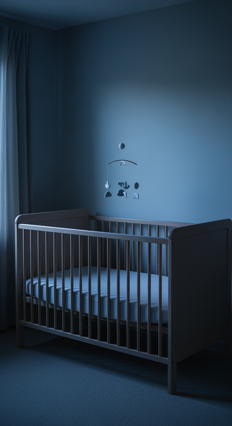 A tranquil, empty nursery at dusk, with soft moonlight on a neatly made crib, symbolizing peaceful, pacifier-free sleep.