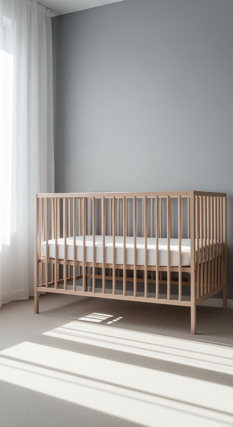 A tranquil, empty nursery corner with a wooden crib, illuminated by soft morning light.