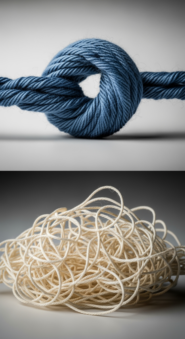 A visual metaphor for sleep issues: a simple knot in a blue thread is shown above a large, complicated tangle of cream-colored thread.