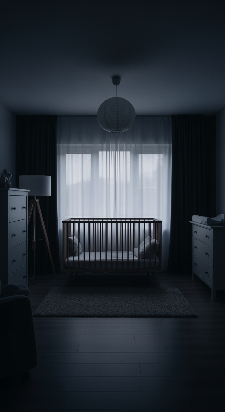 A wide view of a serene, dark, and peaceful nursery, symbolizing a successful night of sleep.