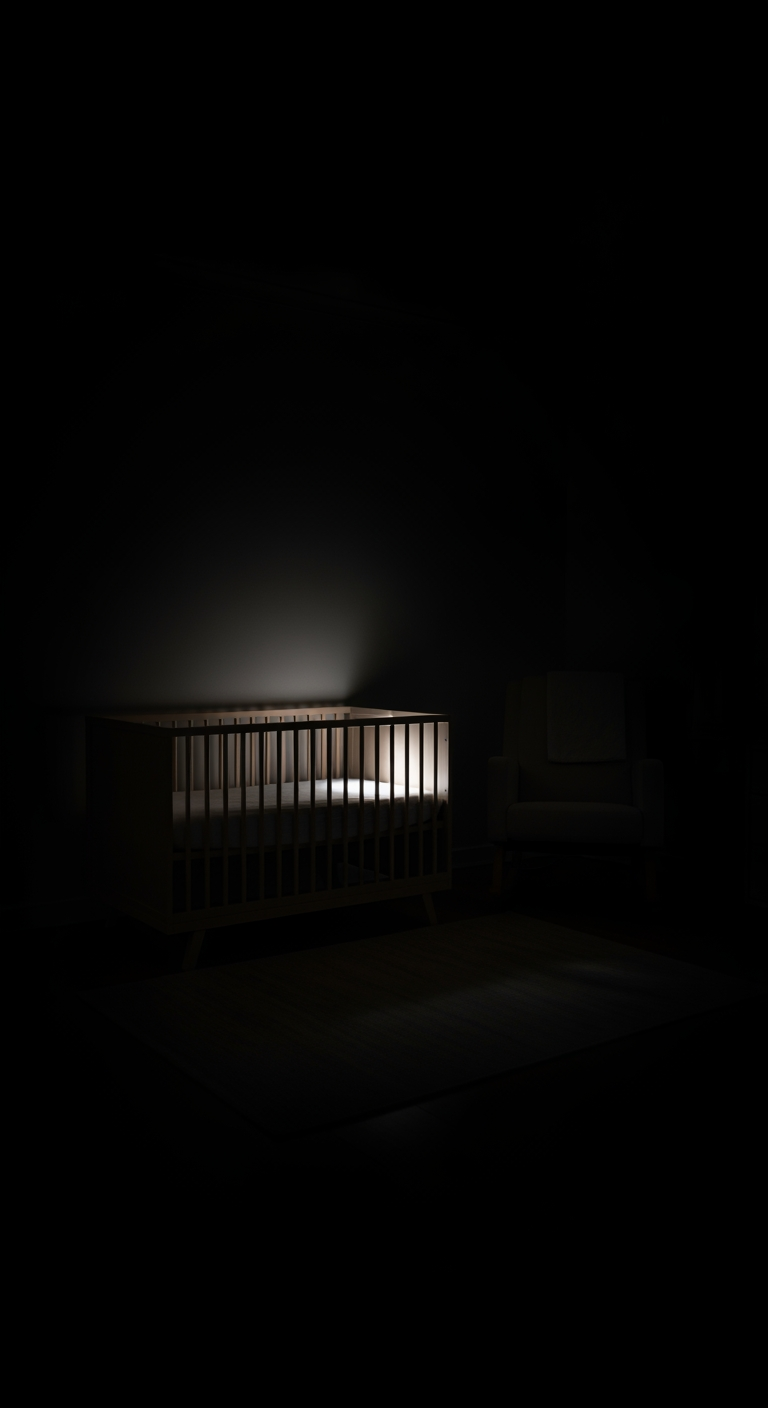 A wide view of a tranquil nursery in near-total darkness, with the faint outlines of a crib and chair visible, creating a peaceful and secure feeling.