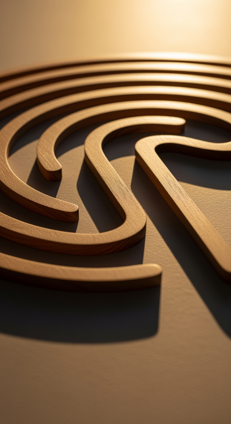 A wooden labyrinth seen from an angle during golden hour, its path suggesting a journey or decision-making process.