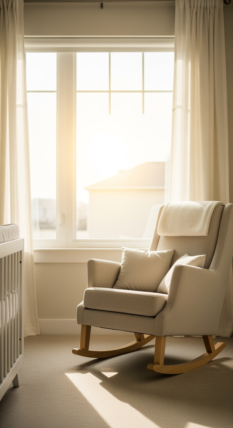 An empty rocking chair in a nursery, illuminated by bright morning sunlight, evoking a sense of hope and a fresh start.