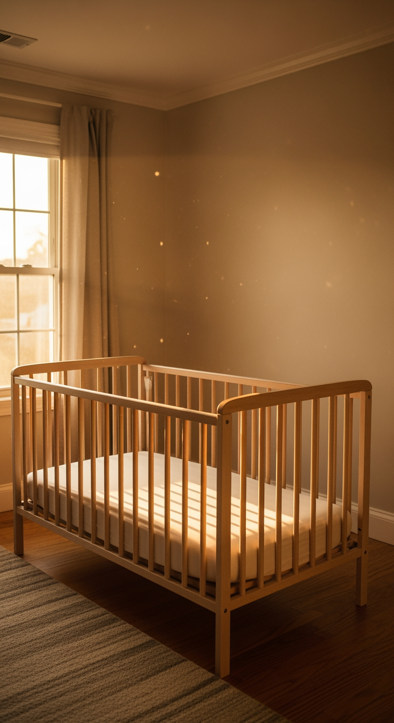 An empty wooden crib in a peaceful nursery, with golden sunlight streaming in, signifying the successful transition to independent naps.