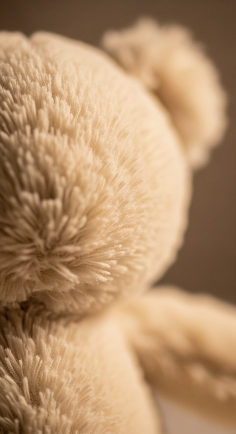 An extreme close-up on the soft, comforting, cream-colored fur of a new plush toy, representing a source of security.