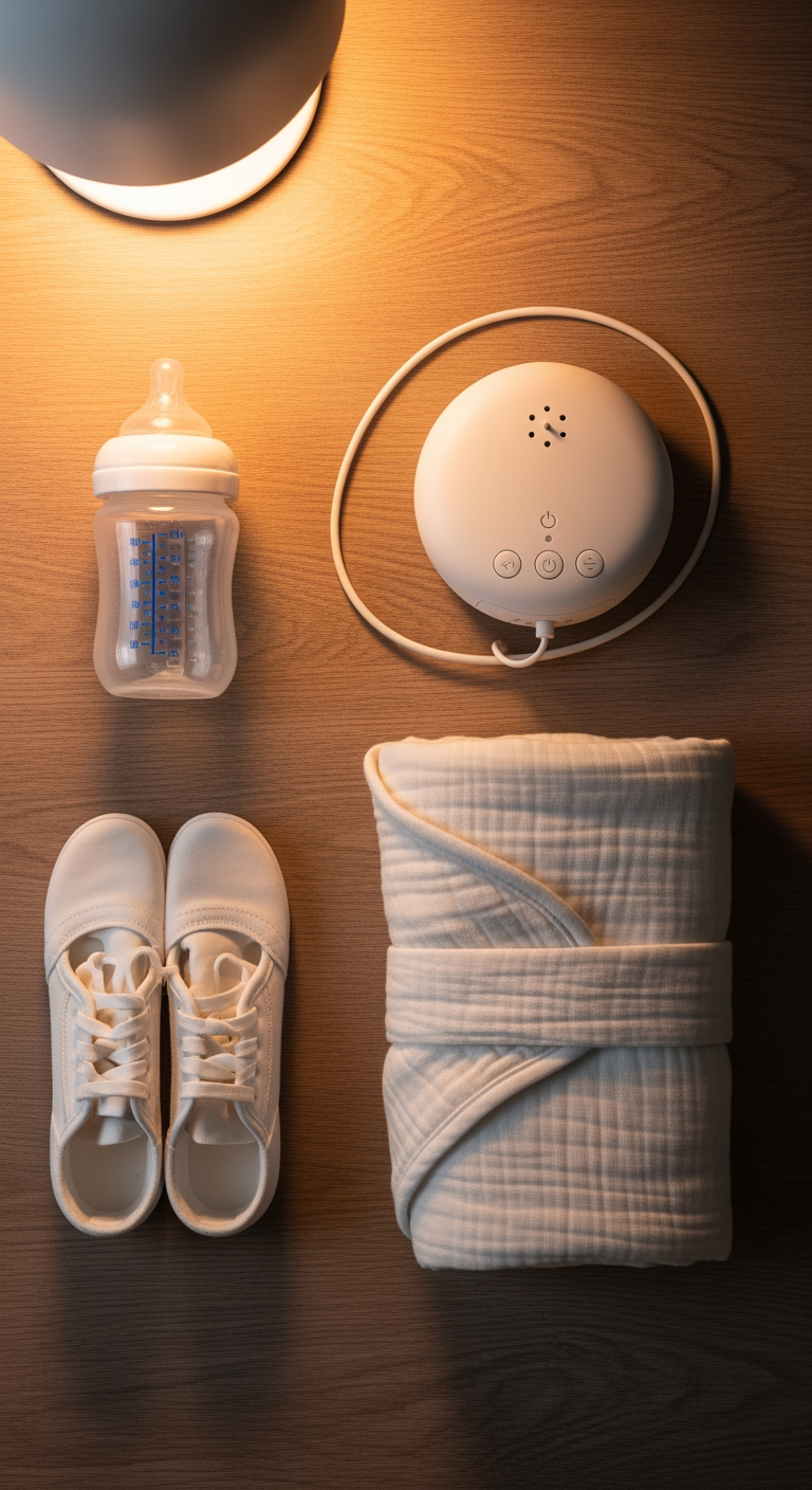 An organized flat lay of a baby bottle, swaddle, and sound machine, suggesting a structured night feeding schedule.