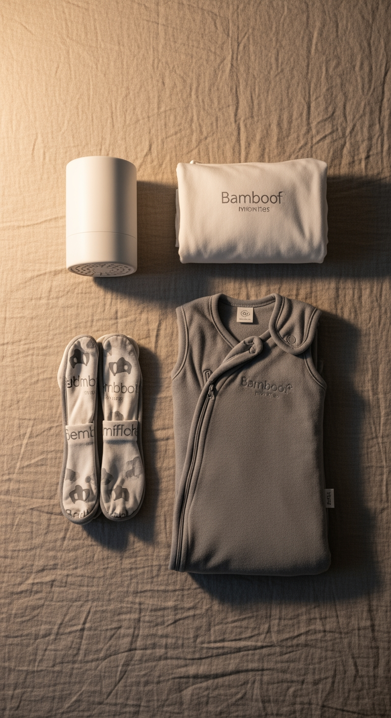 An organized flat lay of calming bedtime items, including a soft gray sleep sack and a white sound machine, on a linen background.