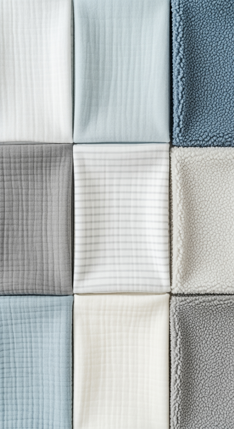 An overhead shot of different soft baby fabrics arranged in a neat pattern, symbolizing a structured daily schedule.