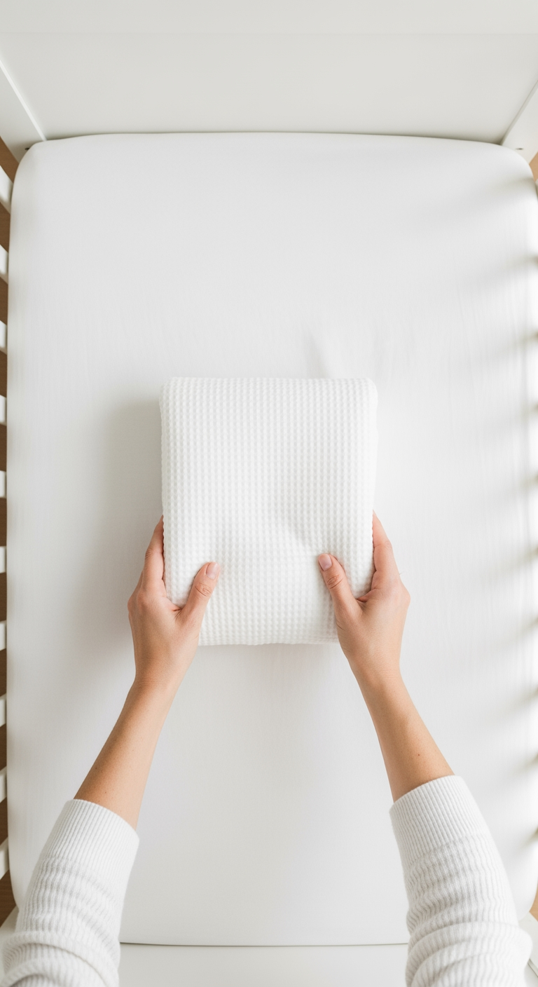 An overhead view of a neatly folded baby blanket placed in the center of an empty crib.