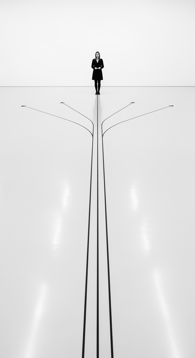 An overhead view of a single line on a clean floor splitting into multiple diverging paths, representing the choice between different methods.