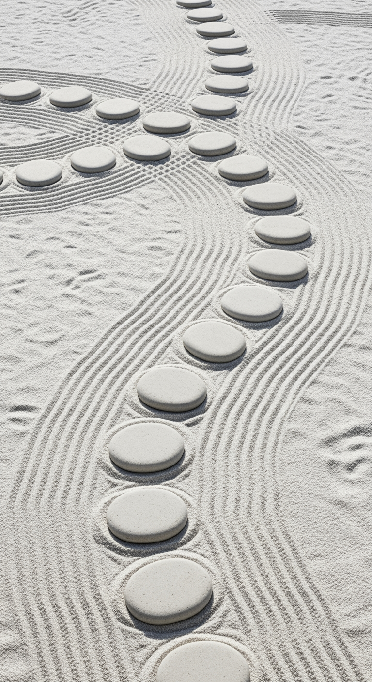 An overhead view of a zen garden with several winding stone paths through sand, symbolizing different gentle transition strategies.