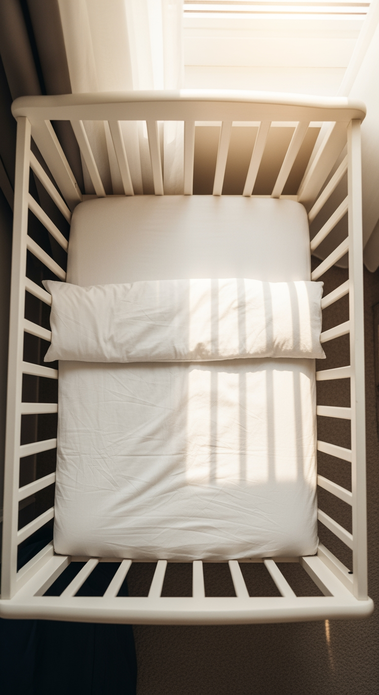 An overhead view of an empty crib in the morning sun, symbolizing a peaceful and safe night of sleep achieved.