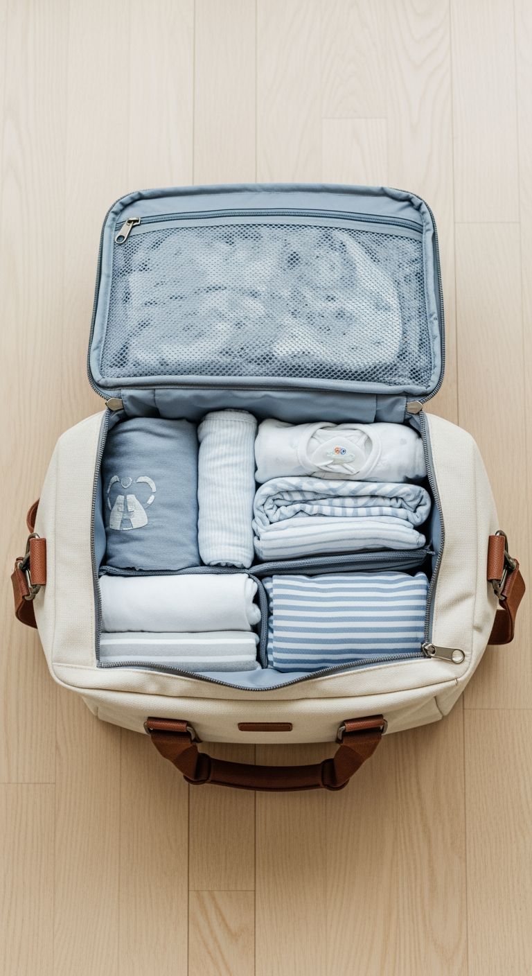 An overhead view of an open travel bag neatly packed with baby essentials, symbolizing preparation for a trip.