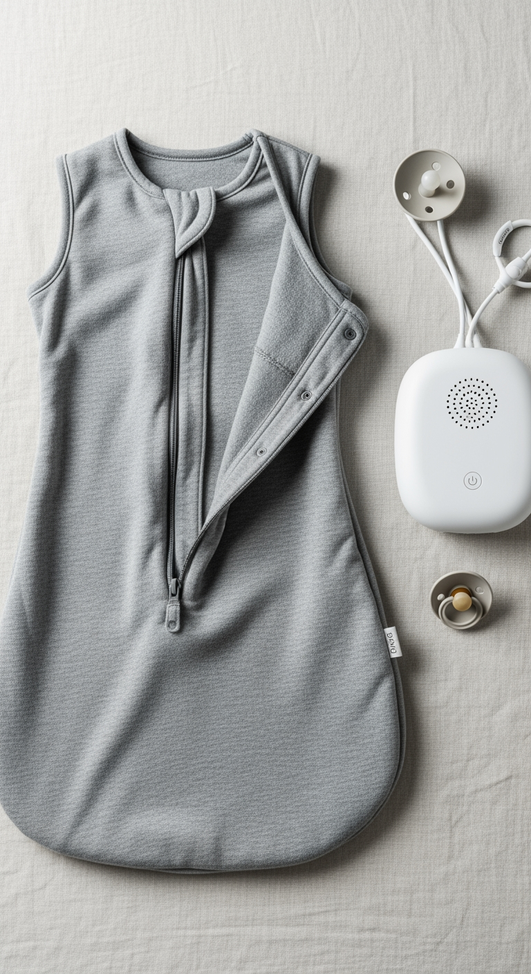 An overhead view of baby sleep tools, including a sleep sack, a white noise machine, and a pacifier, arranged neatly on a linen background.