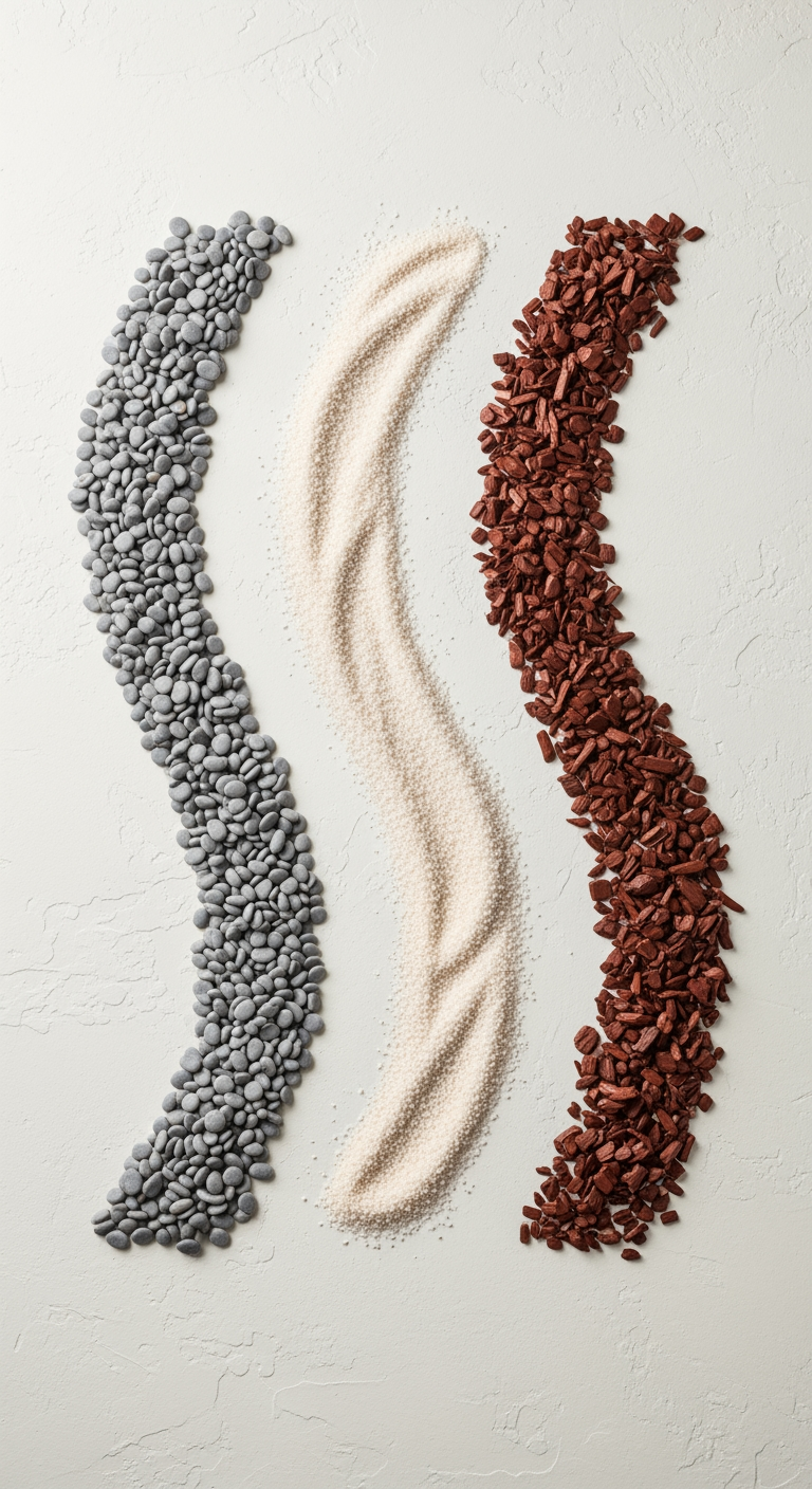 An overhead view of three separate, winding paths made of different materials—stones, sand, and wood chips—representing a choice of strategy.