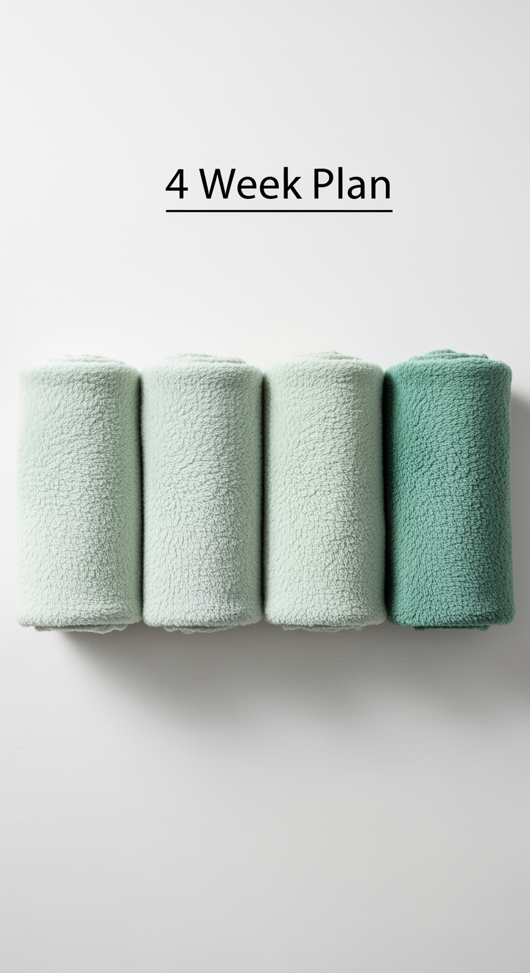 Four folded blankets in a row, gradually deepening in color, symbolizing a four-week transition plan.