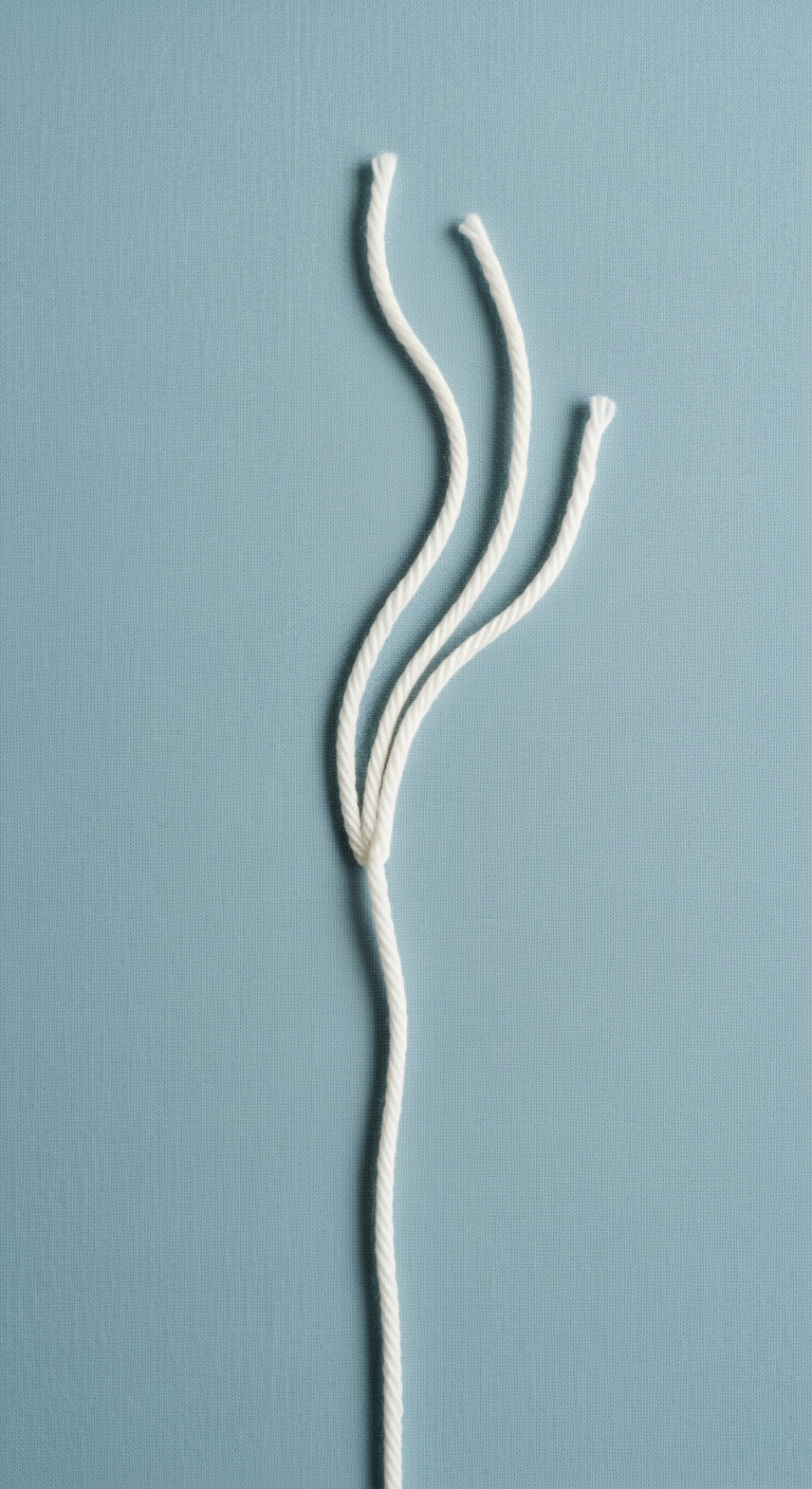 From an overhead perspective, a single white yarn thread on a soft blue background splits into three separate, gentle curves, symbolizing different paths to choose from.