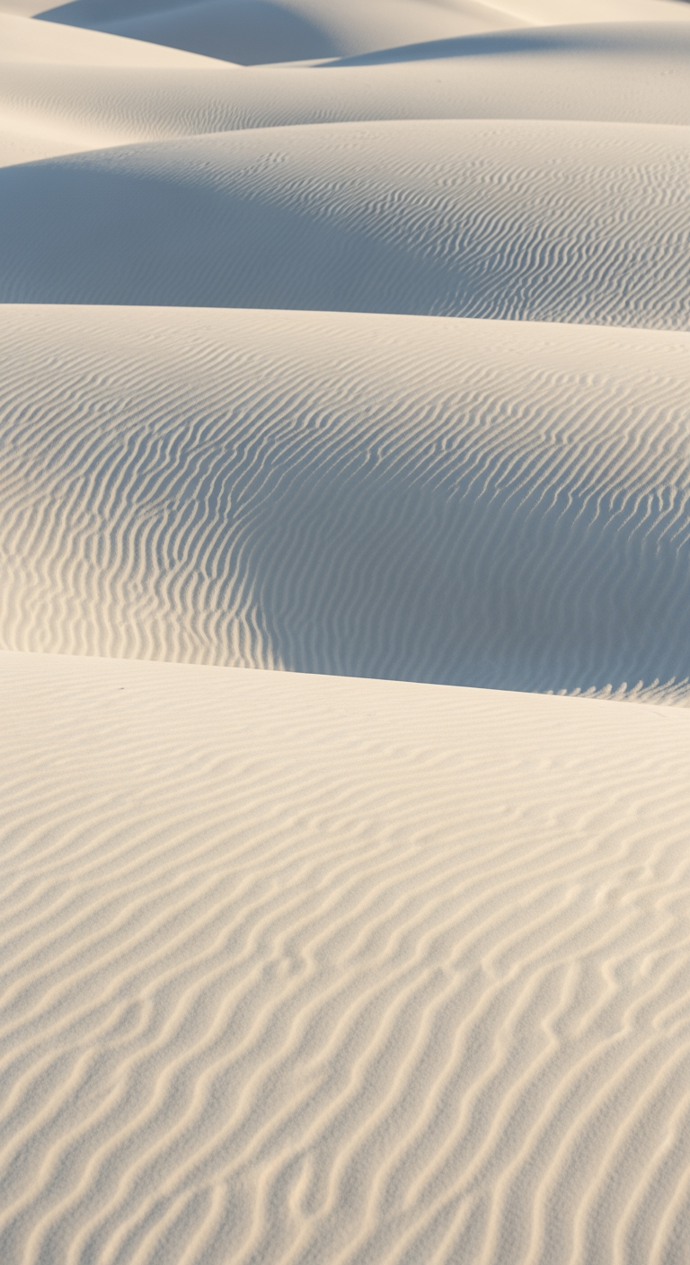 Gentle, undulating waves of smooth, white sand under soft, warm morning light, creating a peaceful and serene landscape that evokes deep rest.