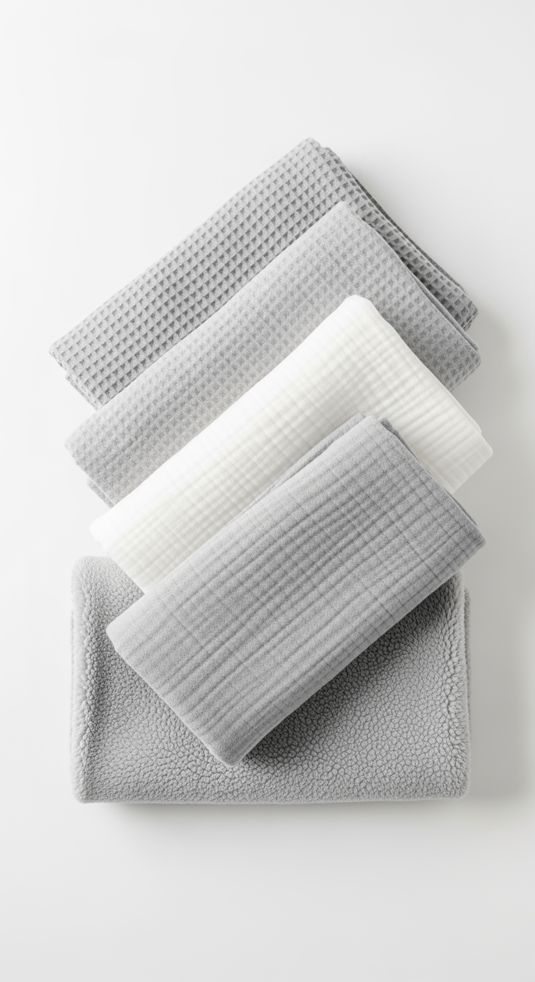 Neatly folded baby blankets in various soft textures, arranged in a clean flat lay to symbolize next steps.