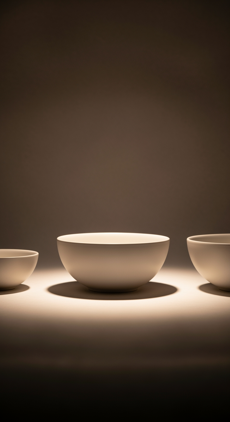 Three ceramic bowls in a row, with the middle one highlighted by a soft light, symbolizing the 'just right' safe volume level.