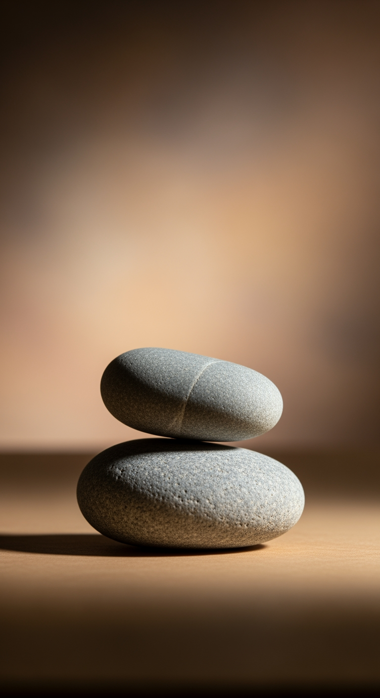 Two smooth stones balanced perfectly on top of each other against a soft, warm background, symbolizing balance and support.