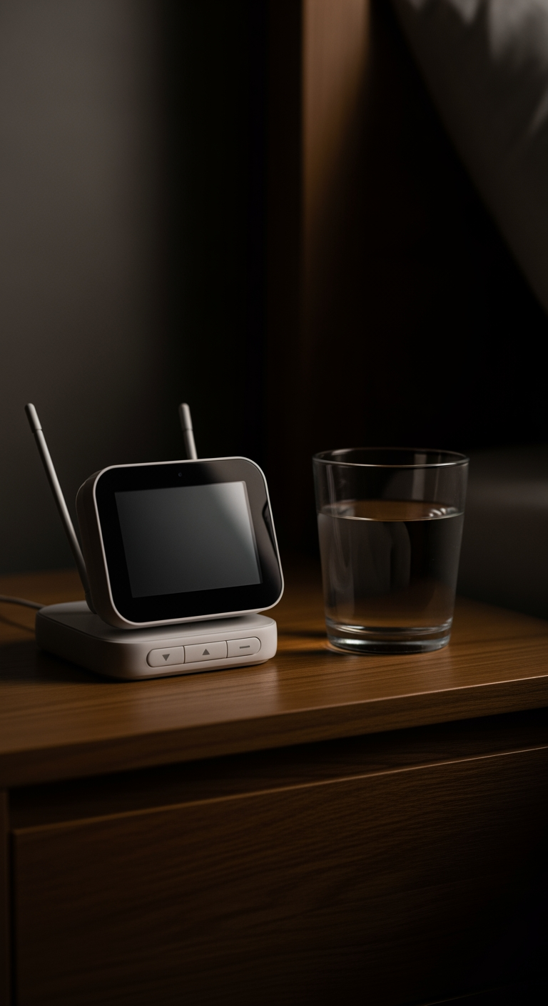 A baby monitor with a blank screen on a nightstand in a dark room, signifying a quiet and peaceful night.