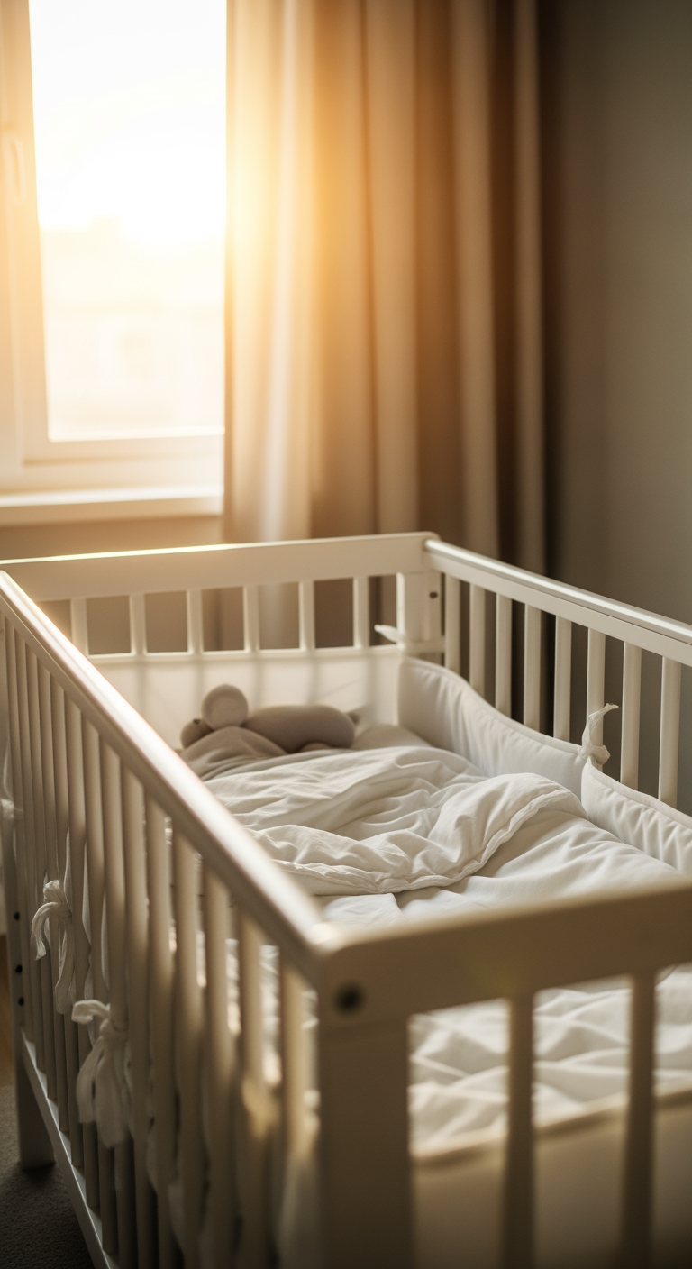A baby's crib in a nursery filled with bright morning sunlight, symbolizing a successful journey to better sleep.