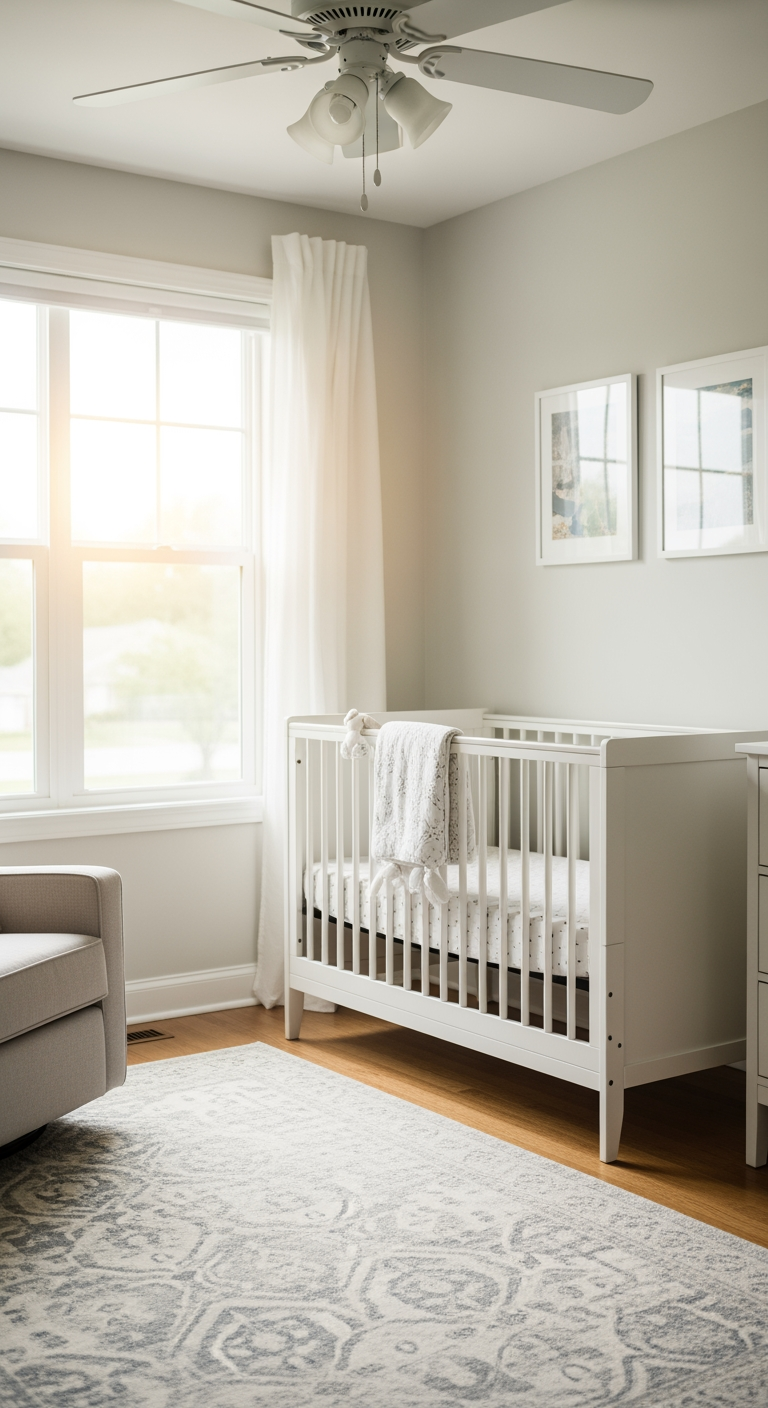 A bright, sunlit nursery in the morning with a tidy, empty crib, representing the successful outcome of a peaceful night's sleep.