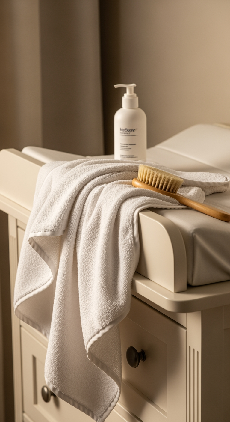 A calm and organized changing table with a soft towel, lotion, and brush, ready for a baby's bedtime routine.