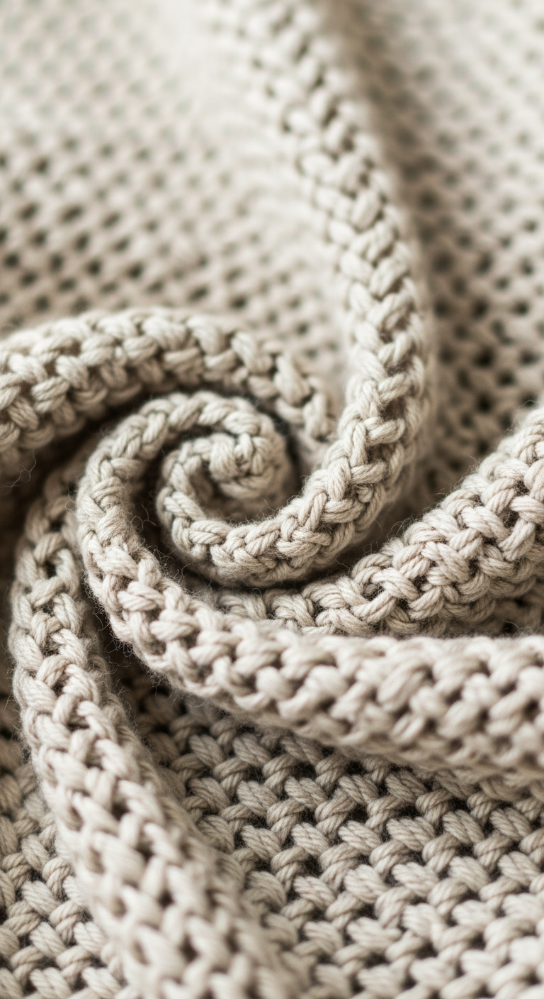 A close-up, detailed photograph of the soft, woven texture of a comforting, cream-colored baby blanket.