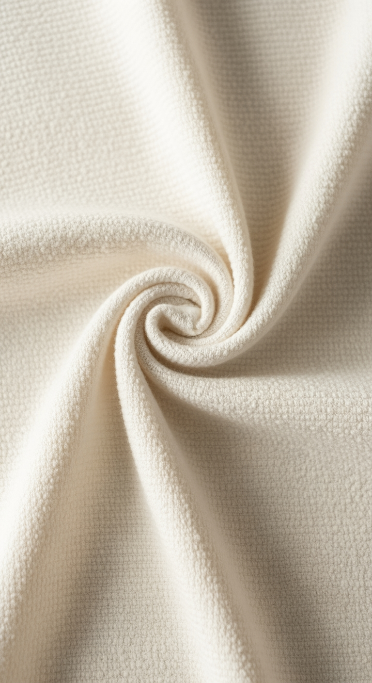 A close-up macro view of the soft, high-quality texture of an off-white organic cotton baby blanket.