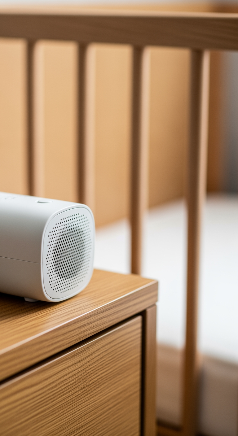 A close-up of a modern white noise machine on a nightstand, representing a key tool for baby sleep.