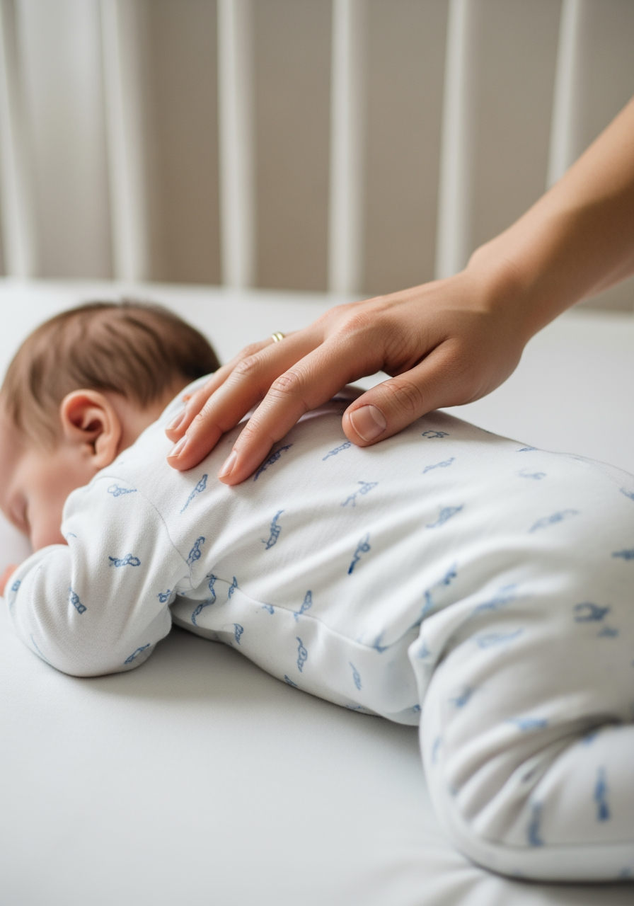 A close-up of a parent's hand gently patting a baby's back, symbolizing comfort and reassurance.