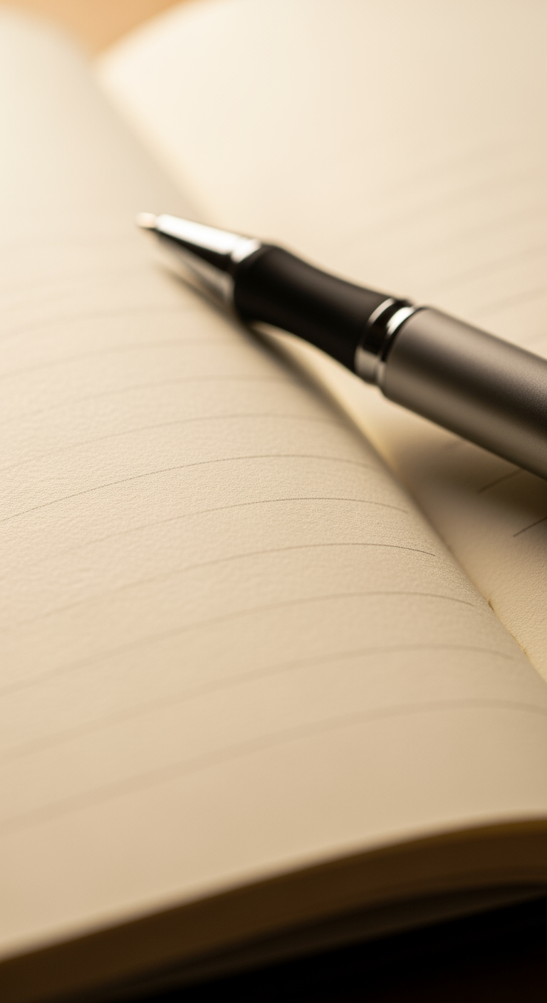 A close-up of a pen resting on a blank page in a journal, suggesting the act of logging information or tracking progress.