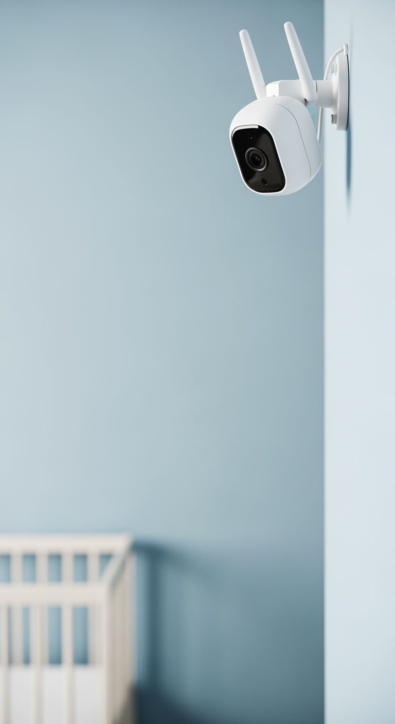 A close-up of a white baby monitor camera mounted on a wall, pointed towards a nursery, representing the act of observing a baby's sleep.