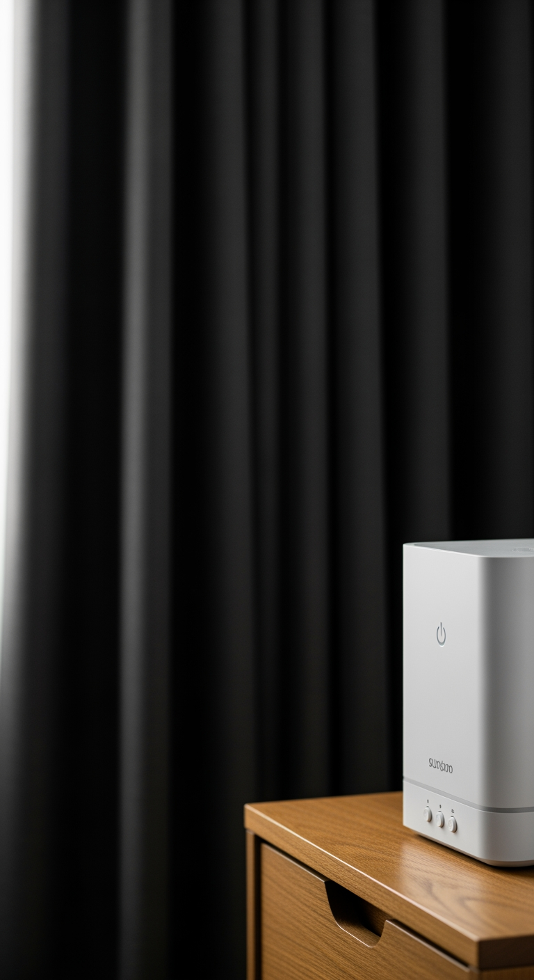 A close-up of a white noise machine on a nightstand, with a blackout curtain visible in the background, creating a tranquil sleep environment.