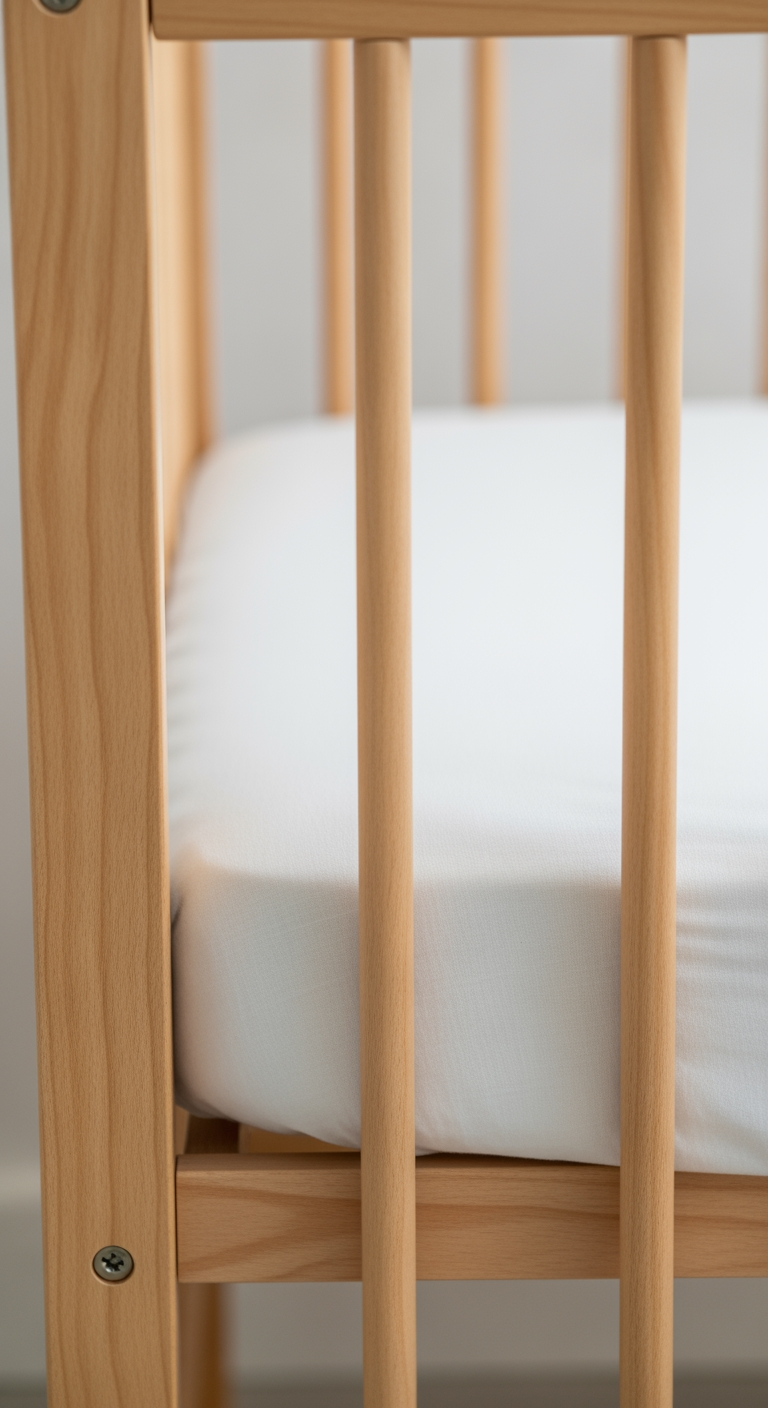 A close-up of the inside corner of a safe crib, showing the firm mattress and a taut, white fitted sheet.