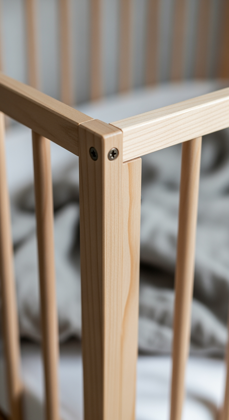 A close-up of the wooden bars of a baby crib, with a rumpled sheet visible inside.