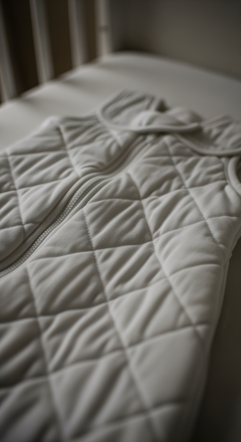 A close-up on the soft, quilted texture of a baby sleep sack in a dimly lit crib, evoking a feeling of warmth and peaceful sleep.