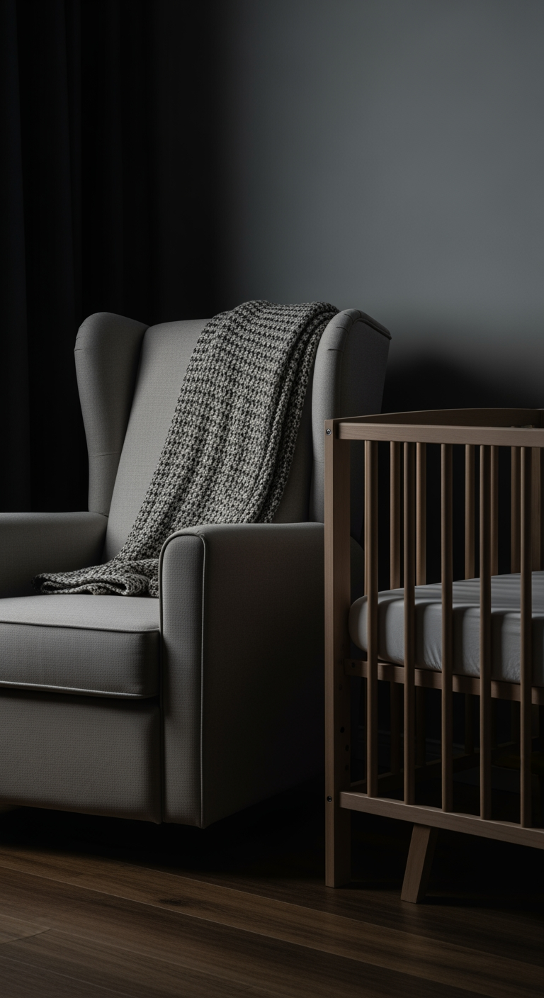A comfortable armchair placed beside an empty crib, symbolizing a gentle, parent-present sleep training method.