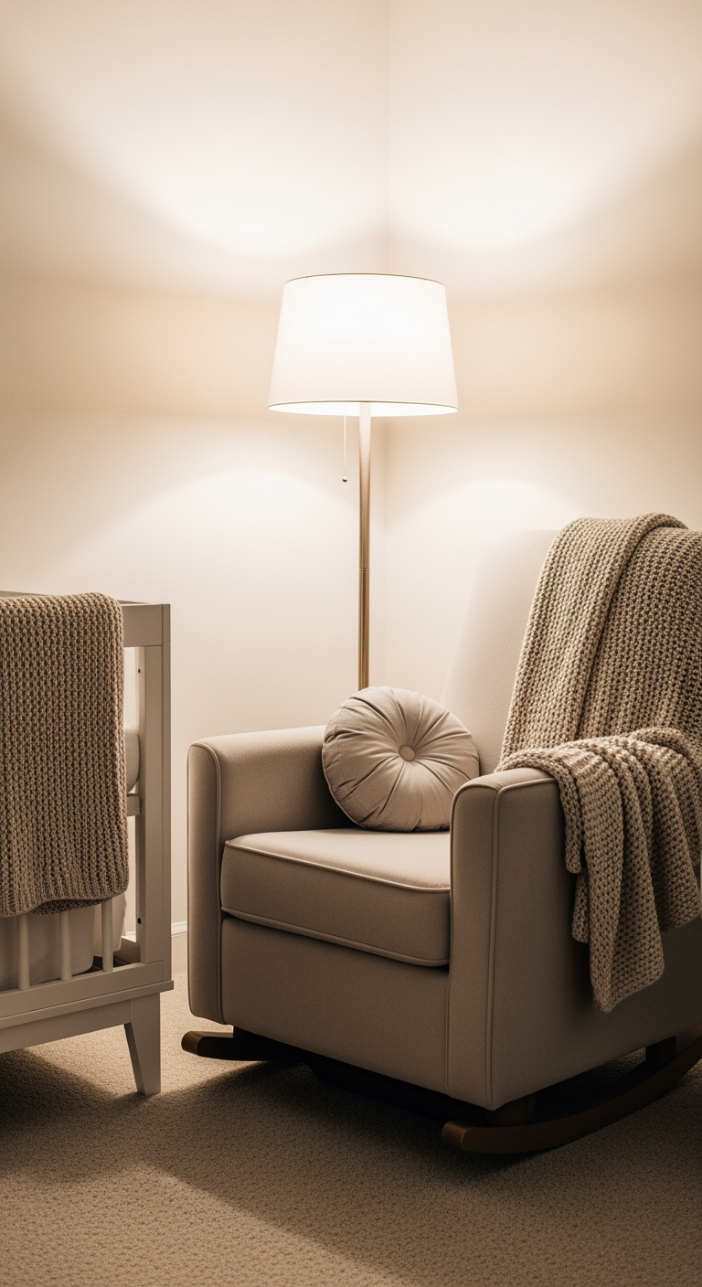 A comfortable rocking chair with a blanket in a cozy, softly lit corner of a nursery.