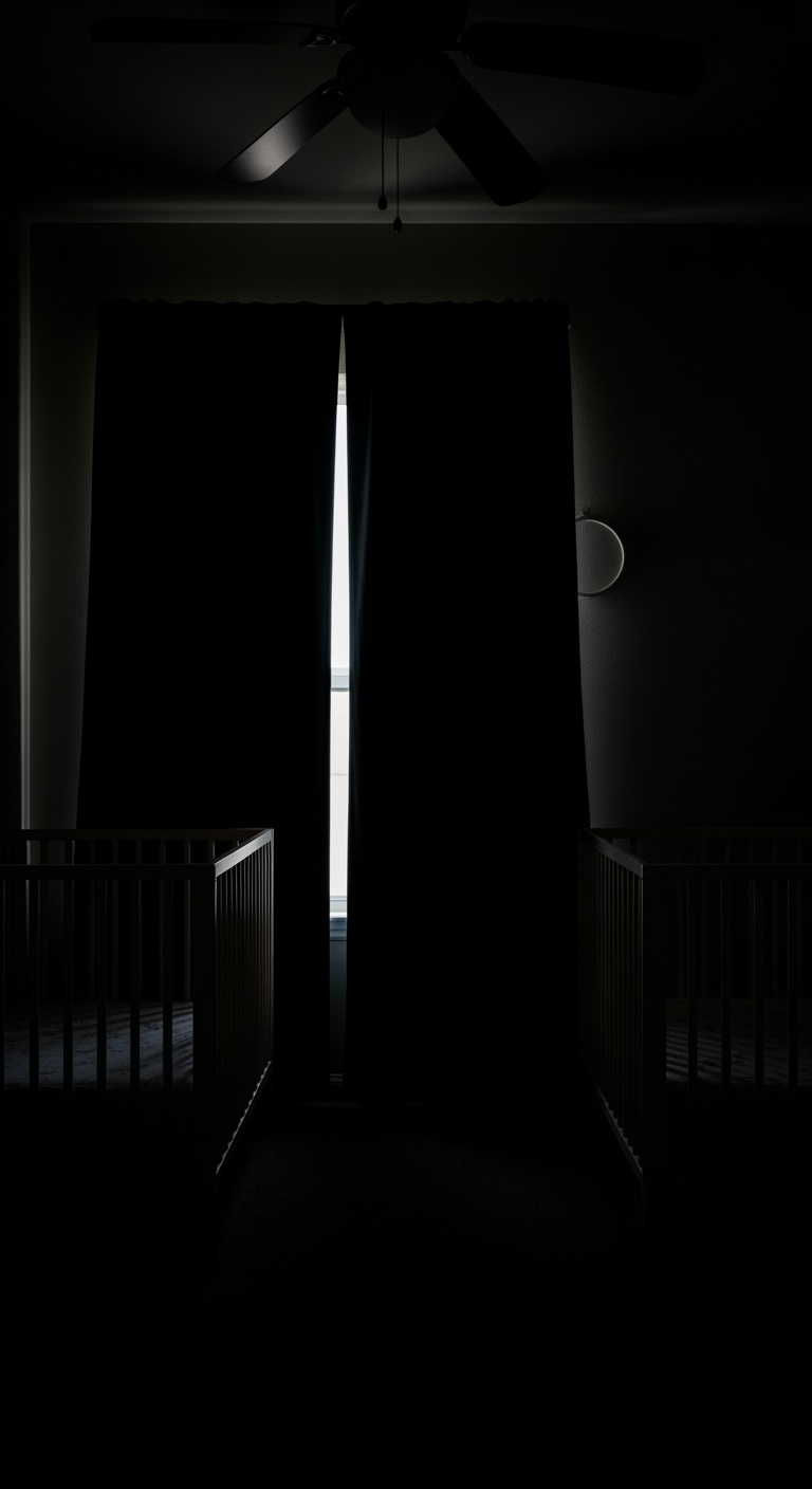 A dark, peaceful twin nursery at night, with a hint of moonlight outlining two silent, empty cribs, symbolizing a successful sleep routine.