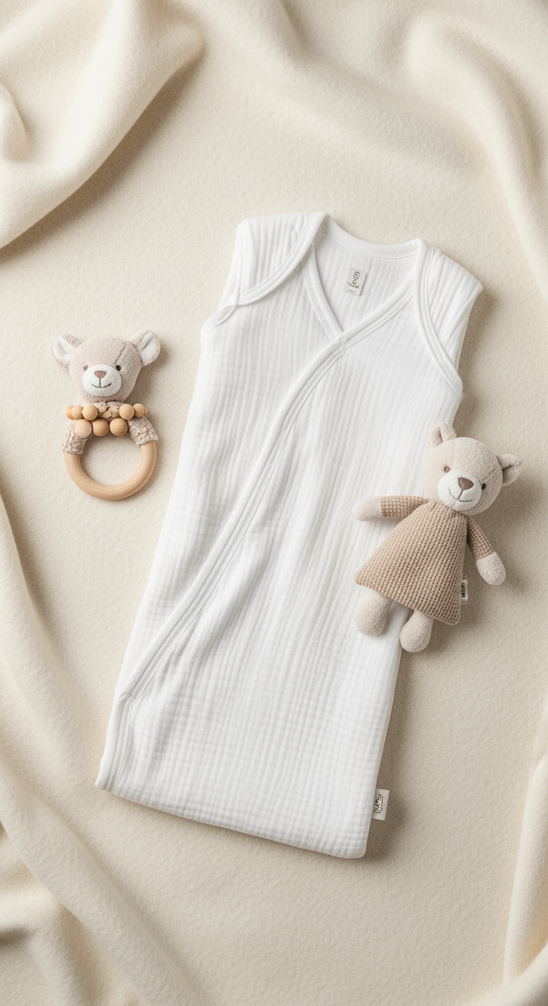 A flat lay of baby items, including a sleep sack and teething ring, arranged neatly on a soft blanket.