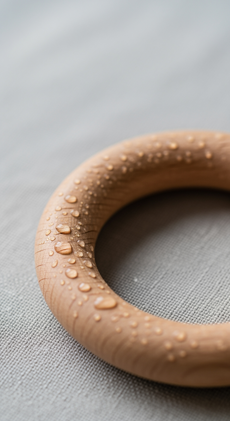A macro close-up of a cool wooden teething ring with condensation droplets, sitting on a linen surface.