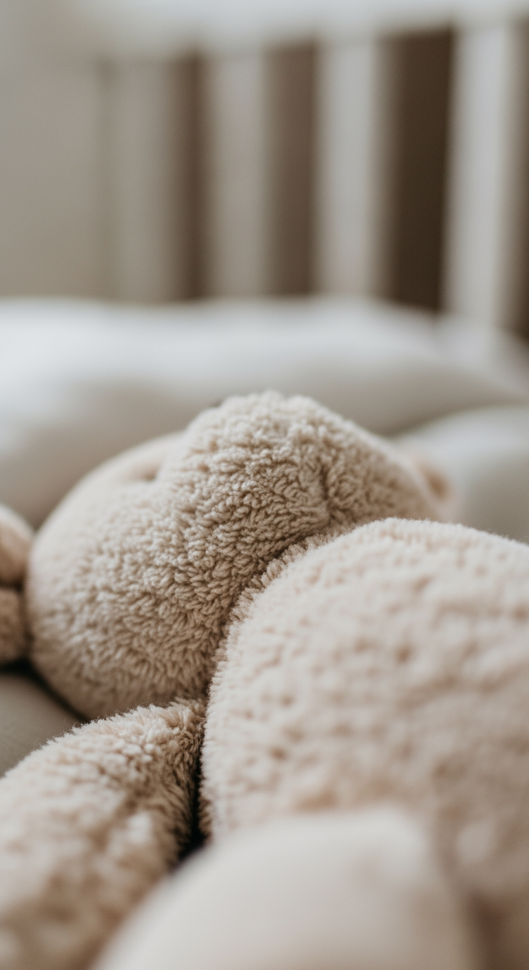 A macro close-up on the soft, worn texture of a plush toy, symbolizing a comforting sleep association.