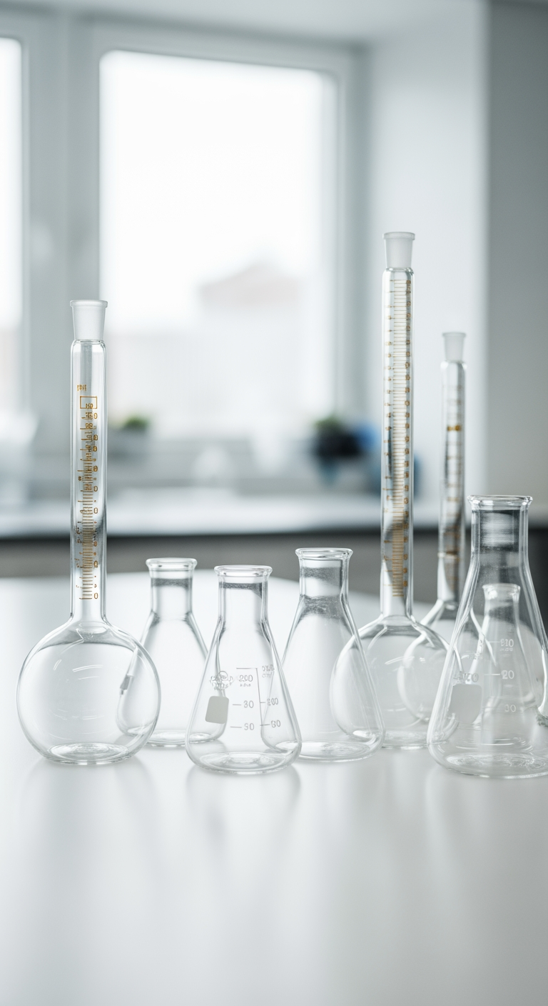 A minimalist arrangement of clean, empty scientific glassware on a white lab counter, representing the concept of evidence and research.