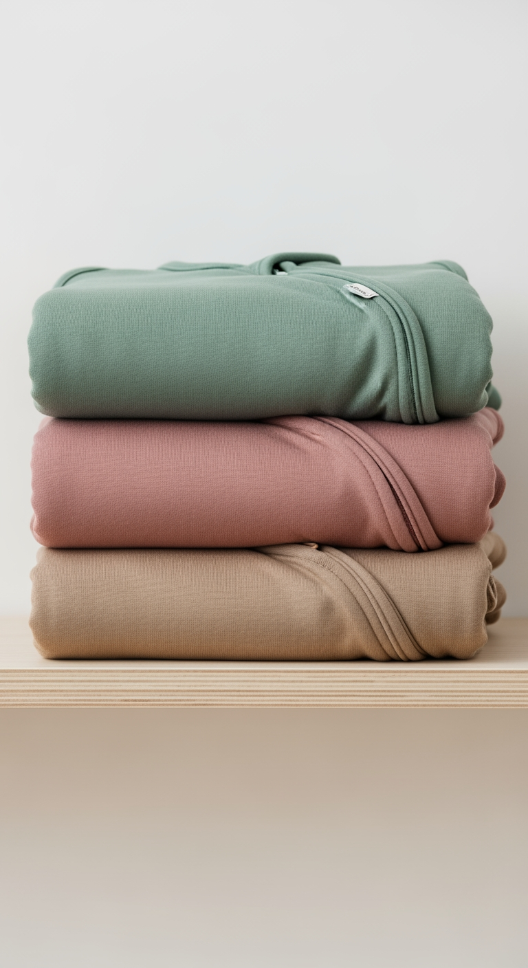A neat, vertical stack of three folded baby sleep sacks in muted colors on a wooden shelf, representing organized sleep tools.