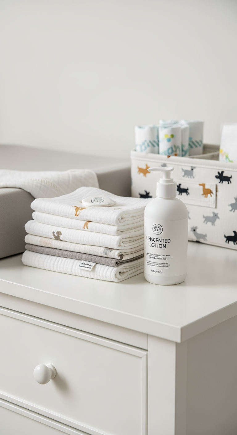 A neatly organized changing table with a stack of clean cloths and lotion, prepared for a baby's bedtime routine.