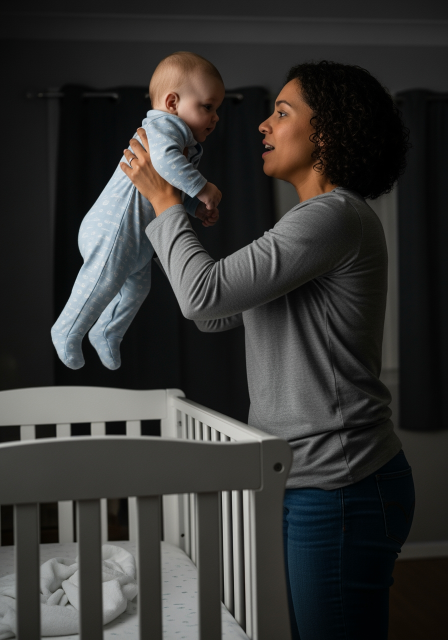 A parent lifts their baby out of a crib for a comforting embrace in a dimly lit room.
