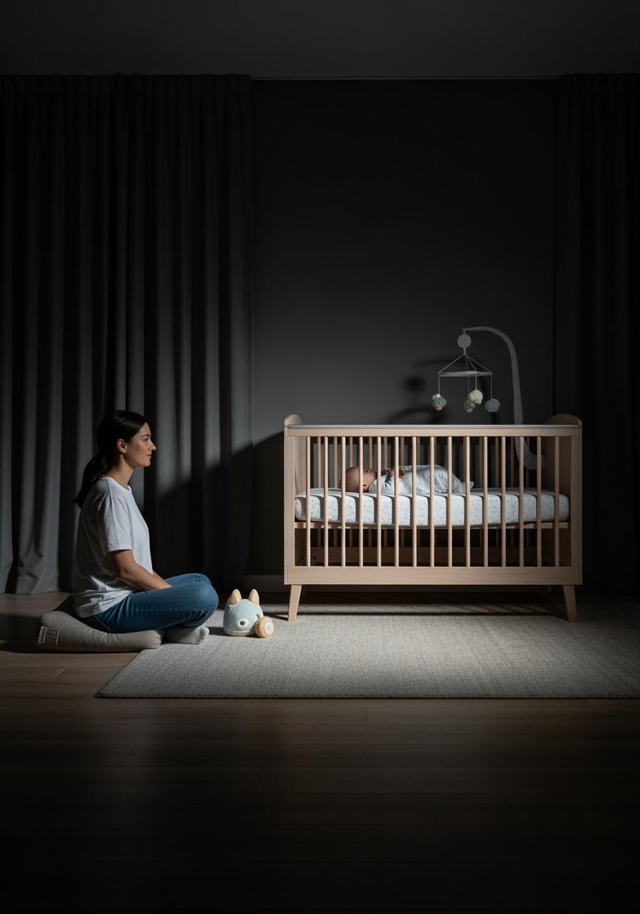 A parent sits on the floor of a dark nursery, calmly watching their baby in the crib from a distance.